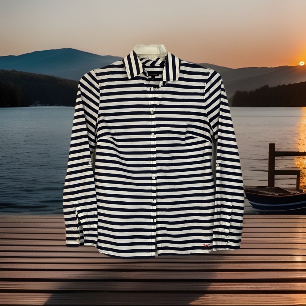 Classic Navy Blue White striped Size 8 Talbots Nautical Preppy button down shirt